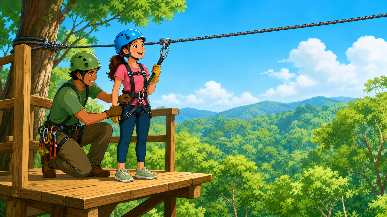 Rima ziplining across the valley on the second, longer line