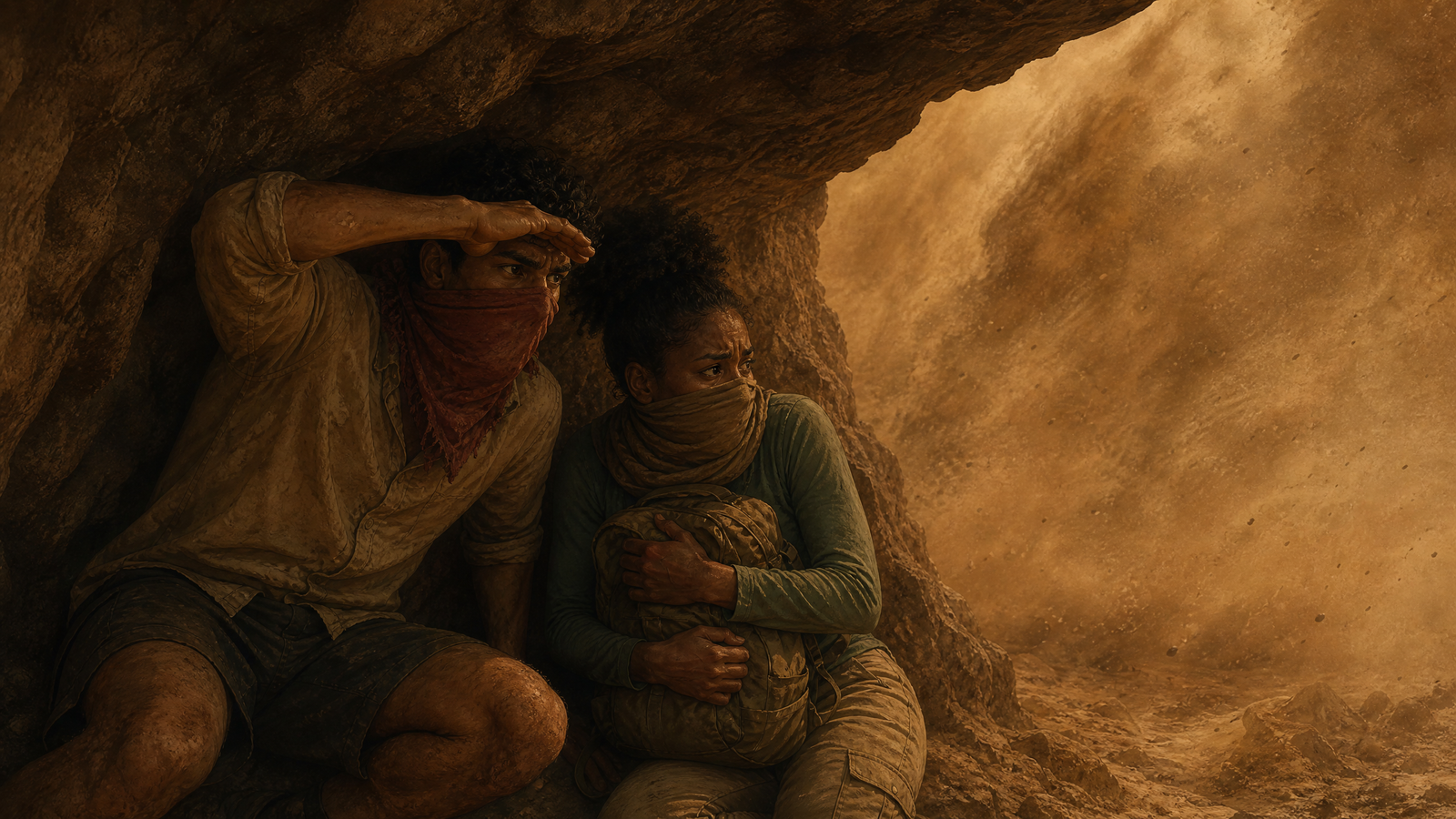 Layla and Omar sheltering in a narrow rock outcropping during a thick desert sandstorm