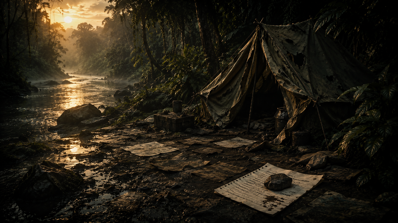 A torn tent and scattered papers at an abandoned river camp in the rainforest