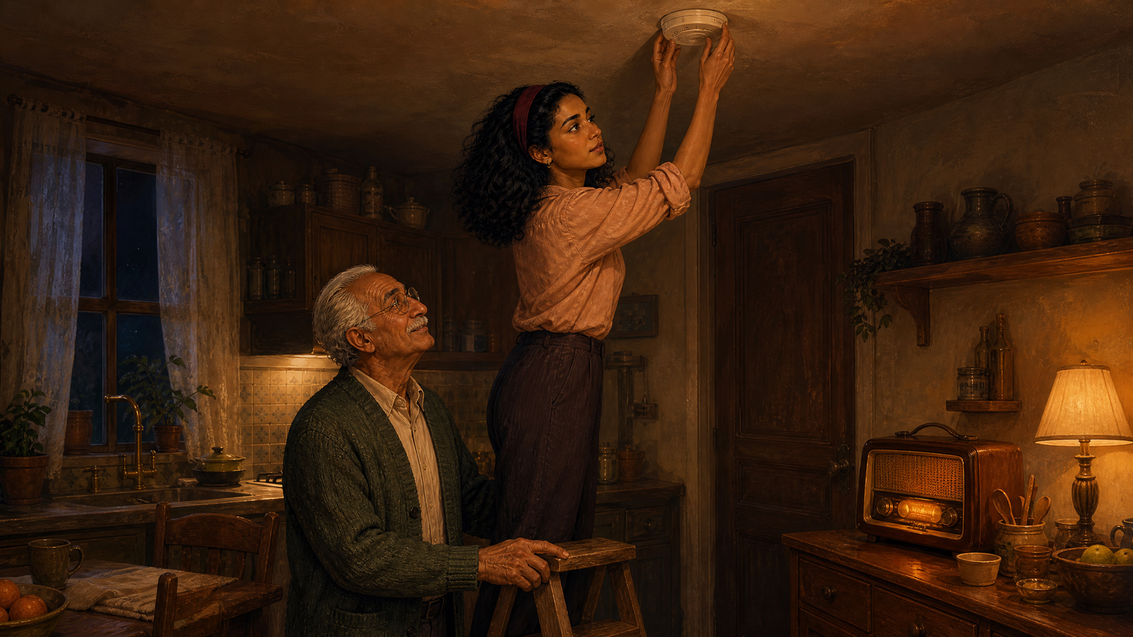 Salma helping fix a smoke detector in her neighbor's apartment