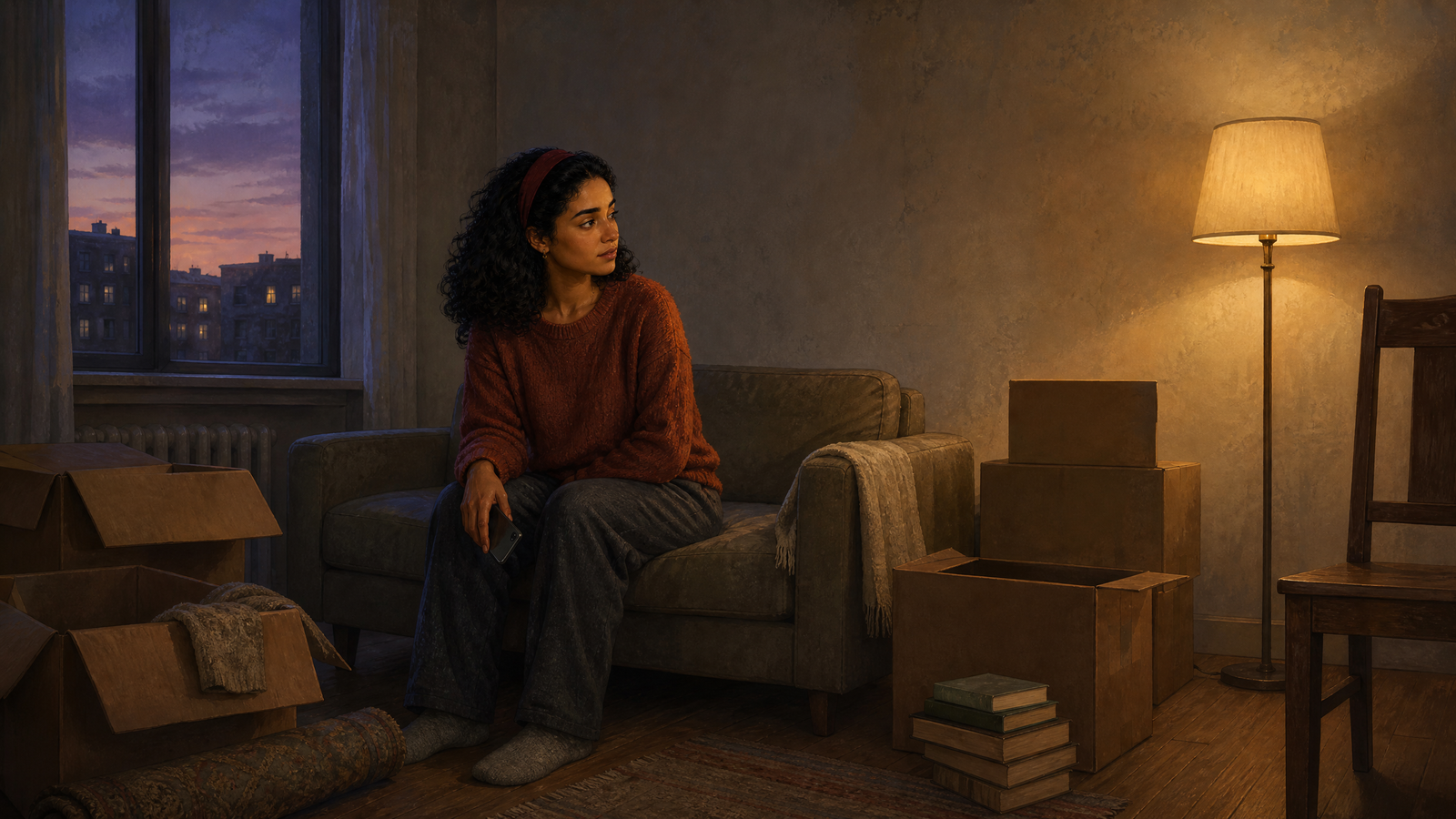 Salma standing quietly in the hallway of her new apartment building