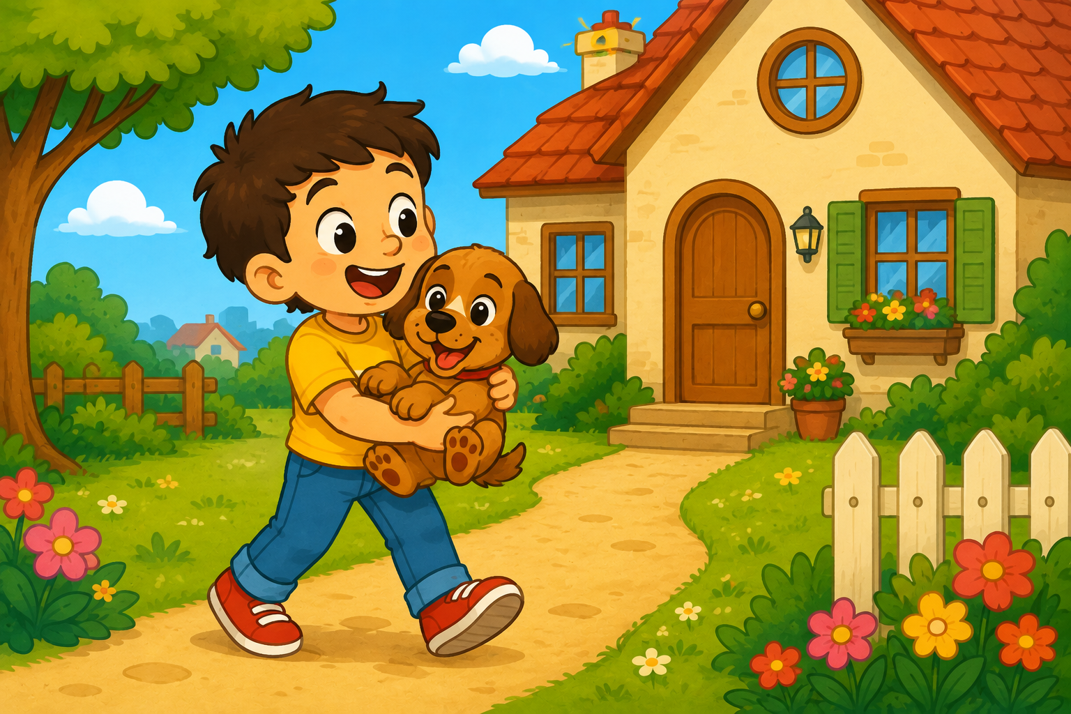 Sam carrying the lost brown dog home carefully