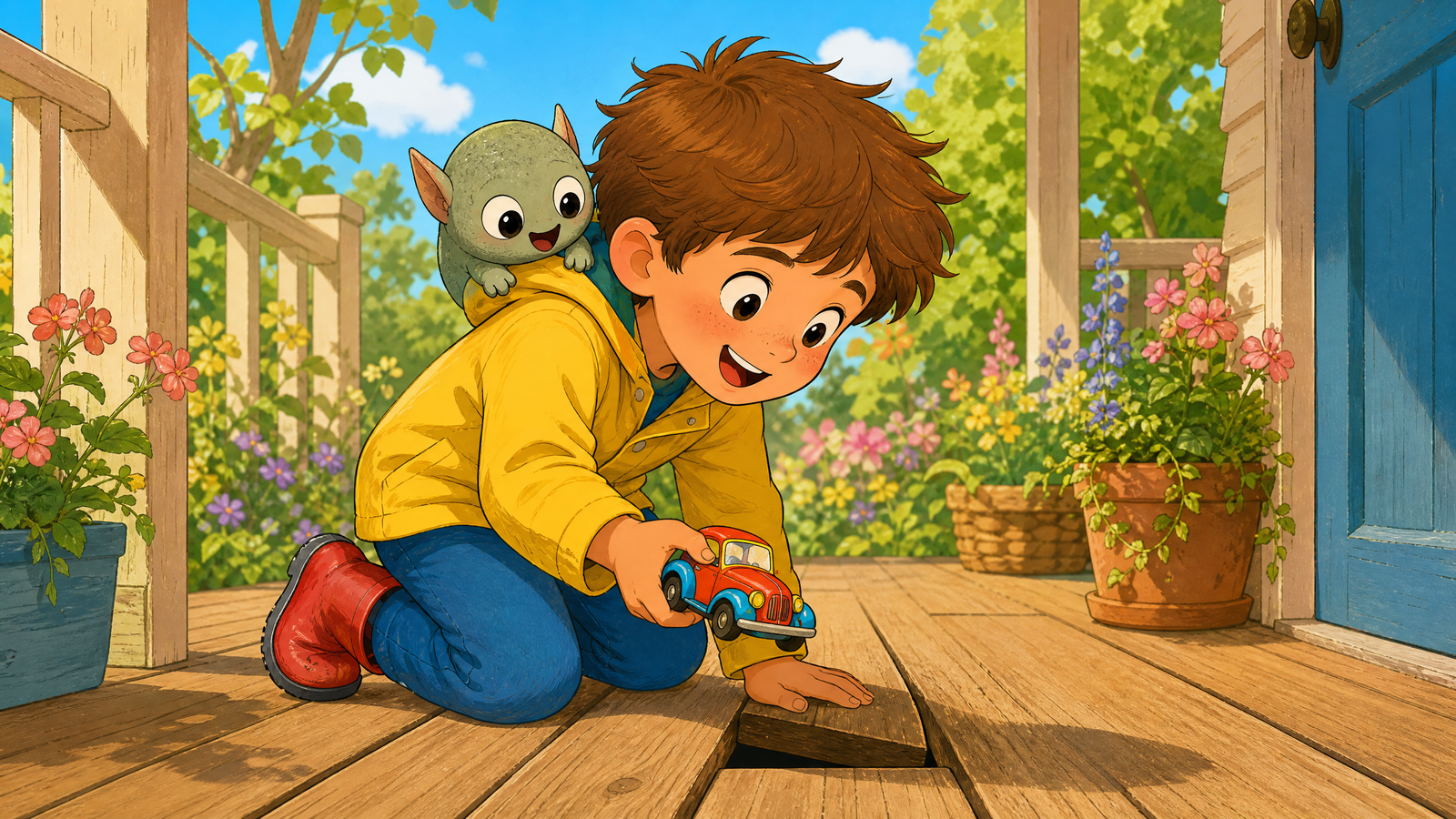 Sami pulling his lost red toy car out of a gap between wooden porch boards