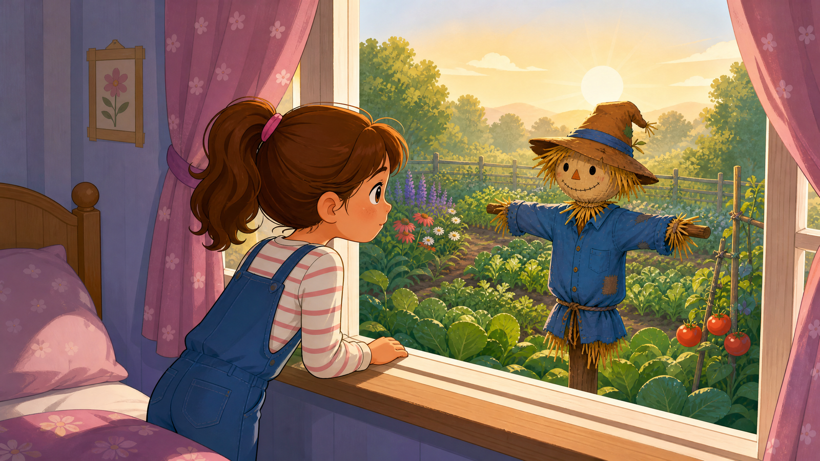 An old scarecrow with a faded blue jacket standing in a garden, facing toward a house