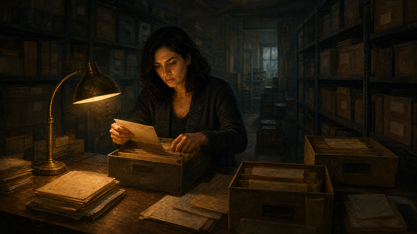 Yasmin discovering a sealed old letter in a confidential archive box