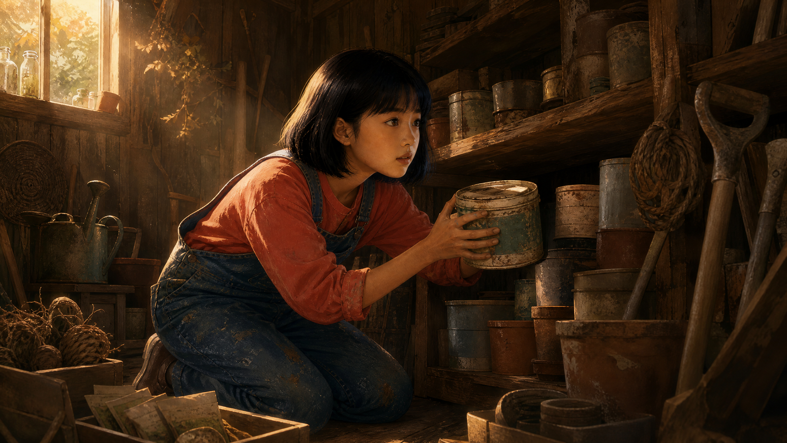Sena finds a mysterious silver-blue tin of paint hidden in the old garden shed