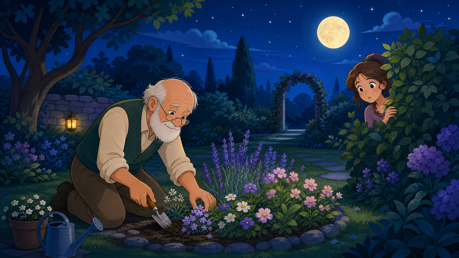 Moonlight revealing the face of the mysterious secret gardener