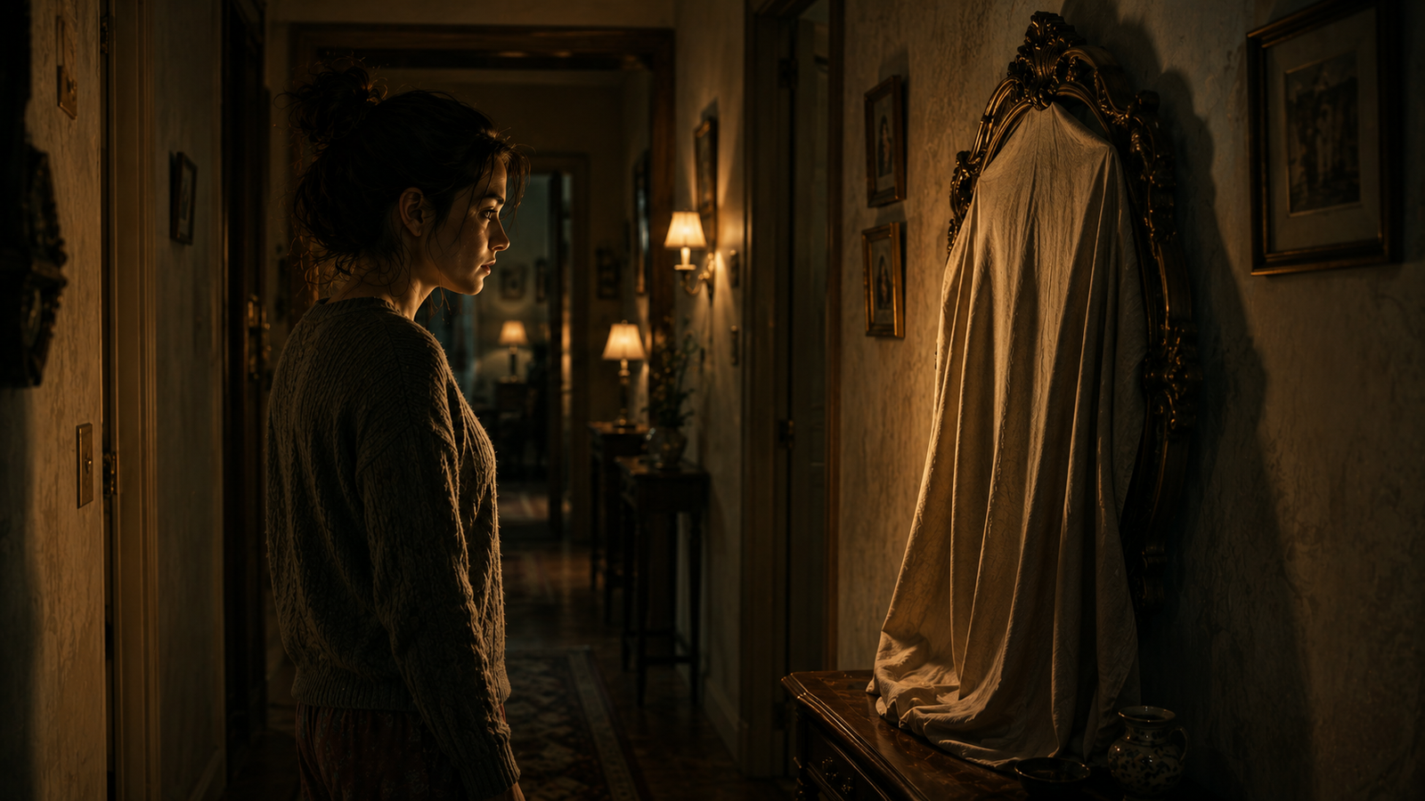 A flickering shape reflected in the antique hallway mirror behind the grandmother