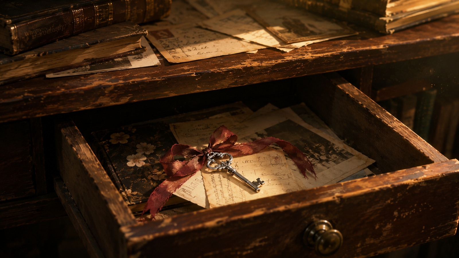 Emma holding an old silver key found in her grandmother's desk drawer at the bookshop