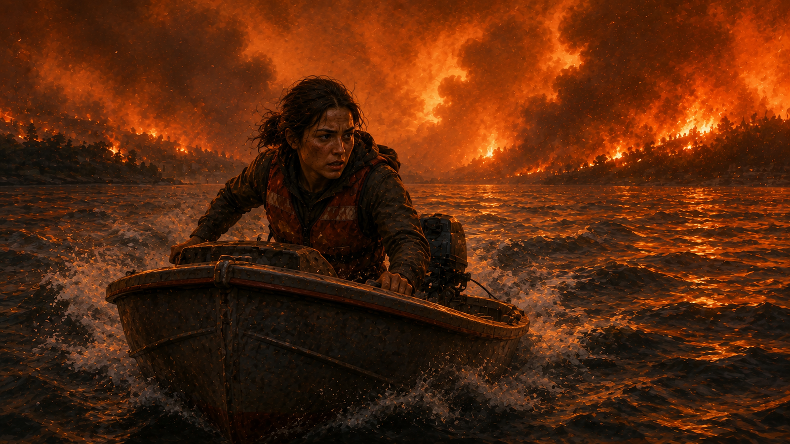 Small skiff boat heading through smoke and orange firelight toward a distant boathouse