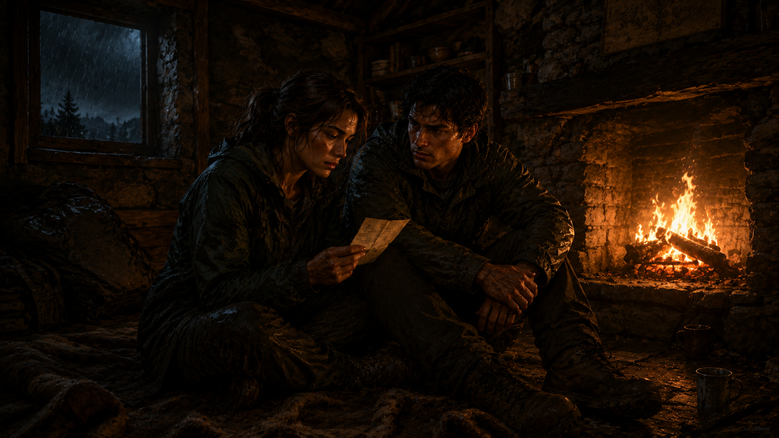 Jonah and Mara sitting by the fire inside the stone mountain shelter