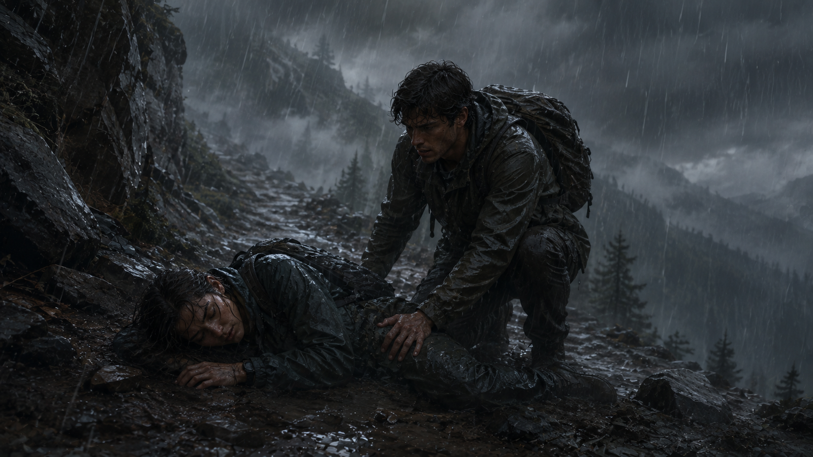 Jonah helping injured Mara through the rain during the mountain storm