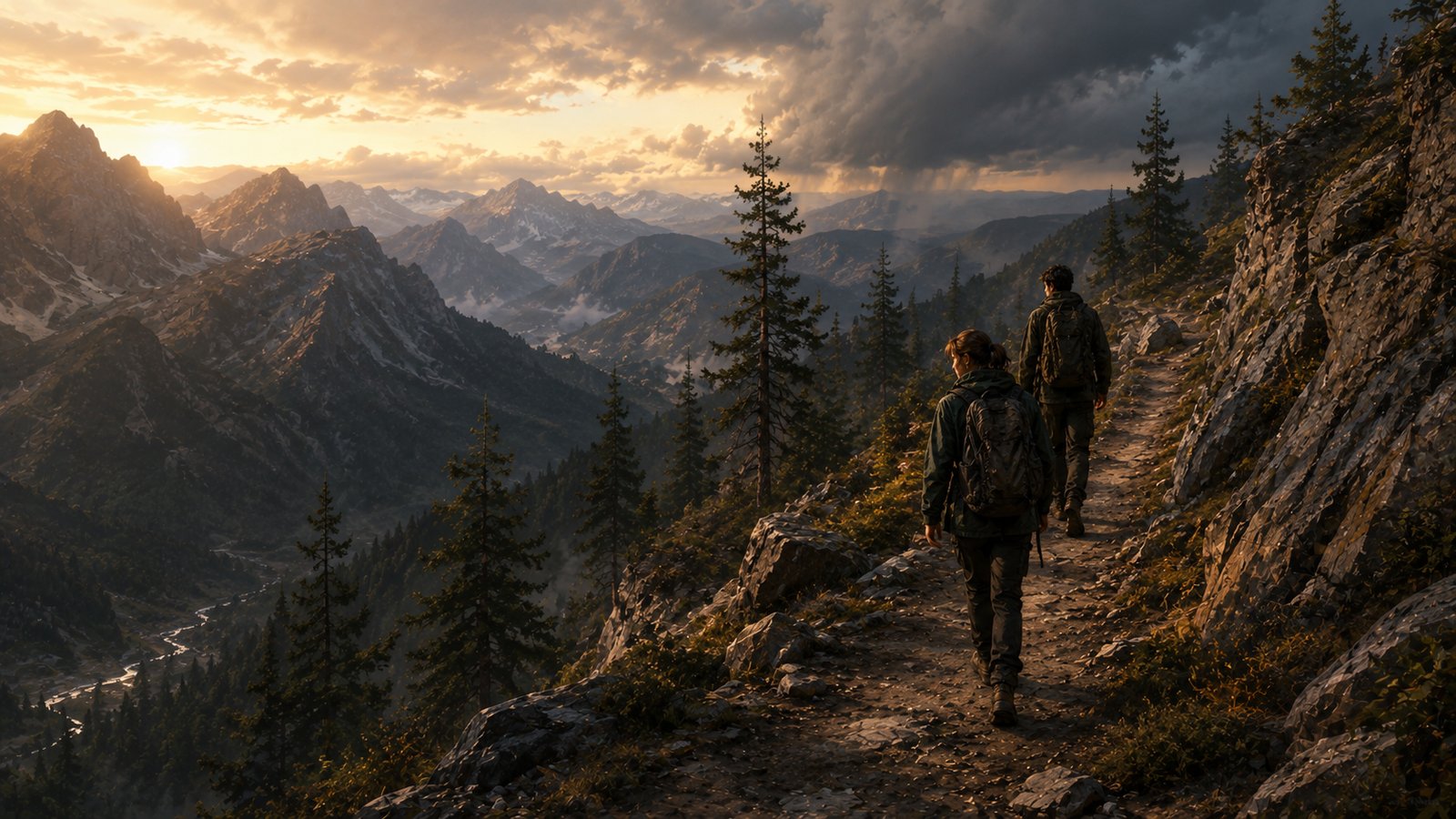 Siblings hiking the mountain switchback trail as storm clouds gather above