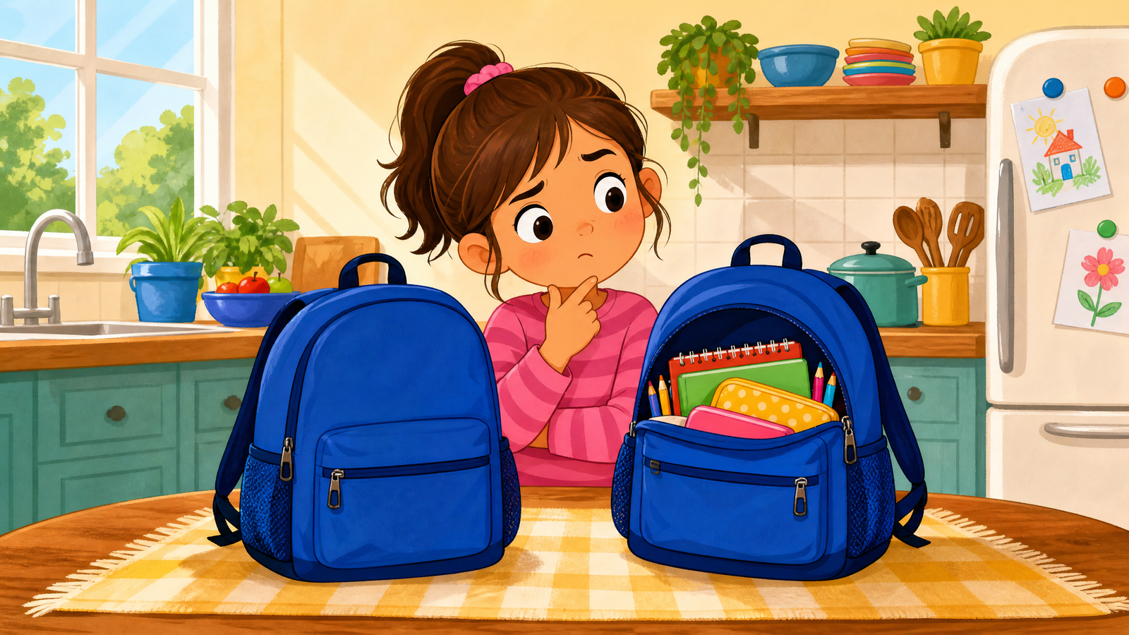 Tala opening a mystery backpack and finding a dinosaur book instead of her math book