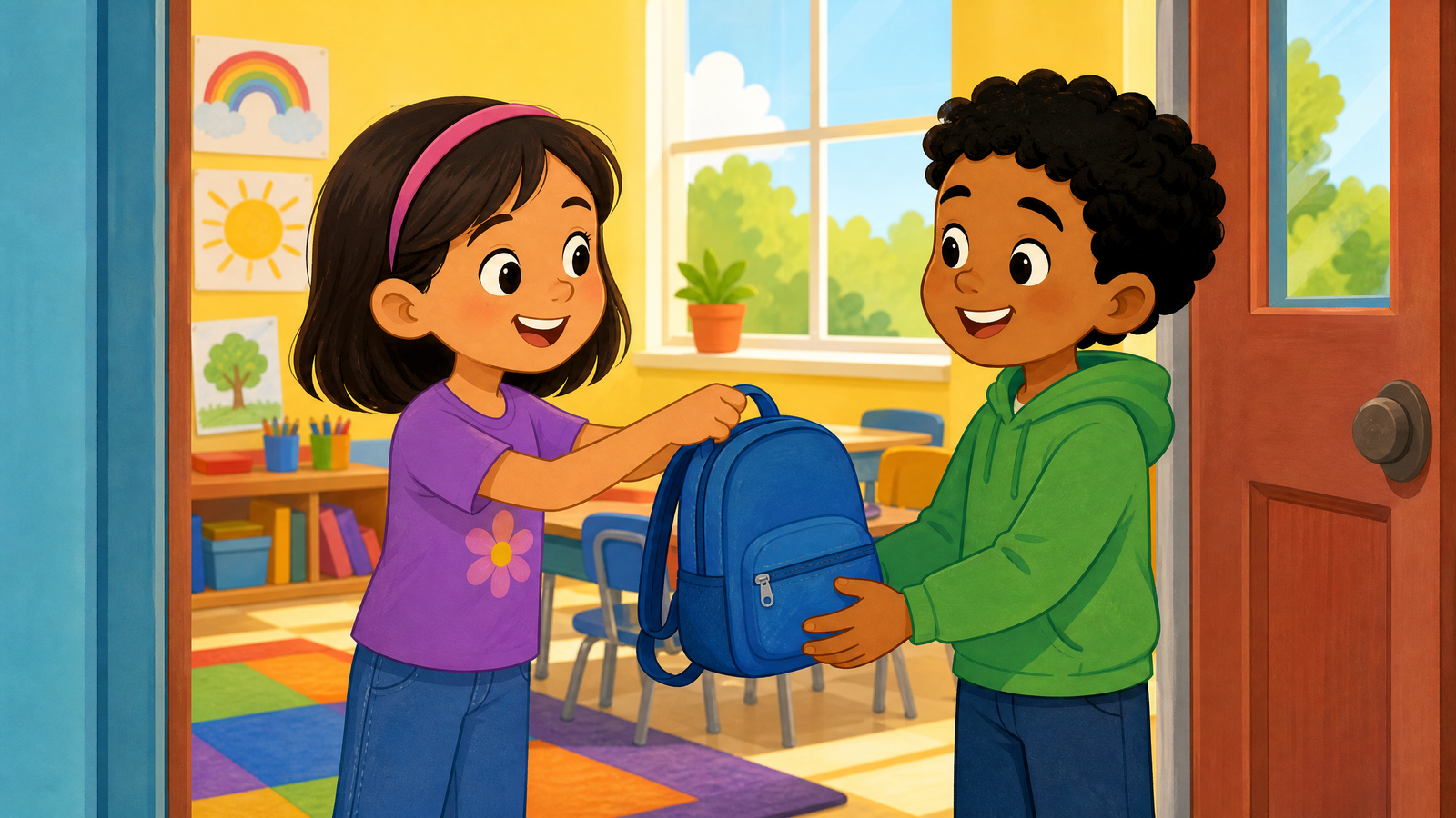 Tala's teacher helping her figure out whose backpack she has by mistake