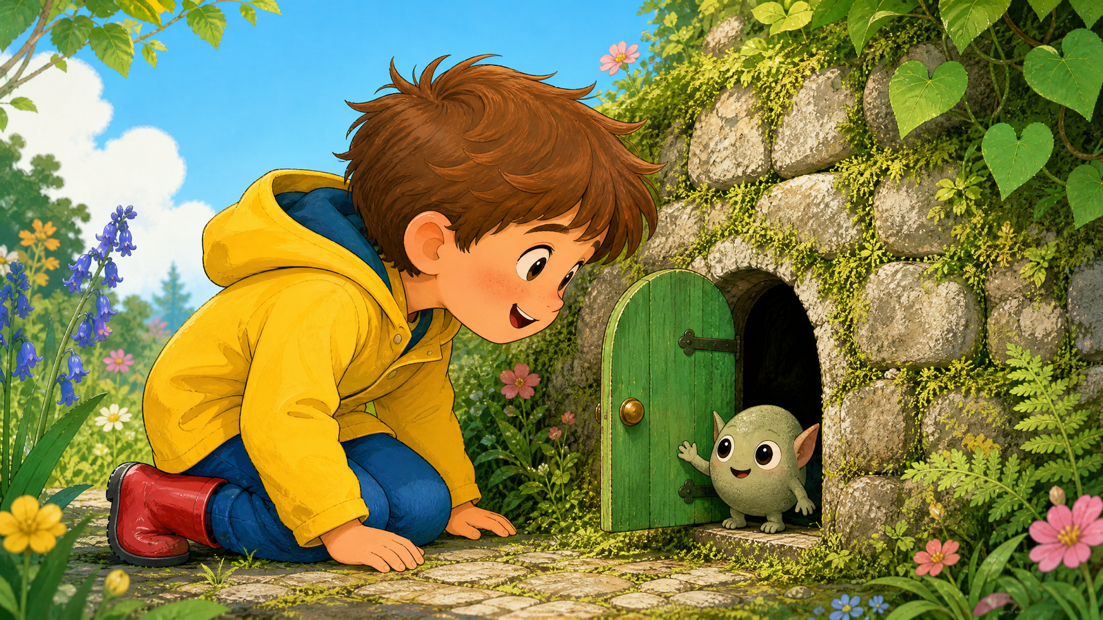Tiny green door in a stone wall with a small creature stepping out to greet Sami