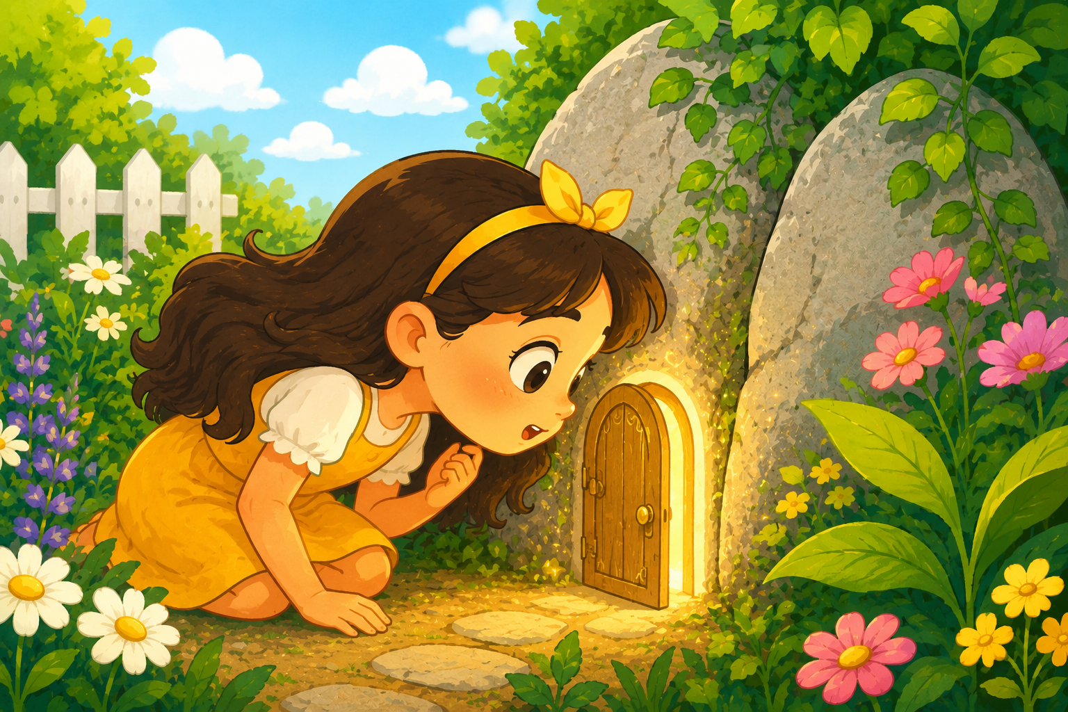 Mia kneeling by a tiny wooden door glowing with golden light in the garden