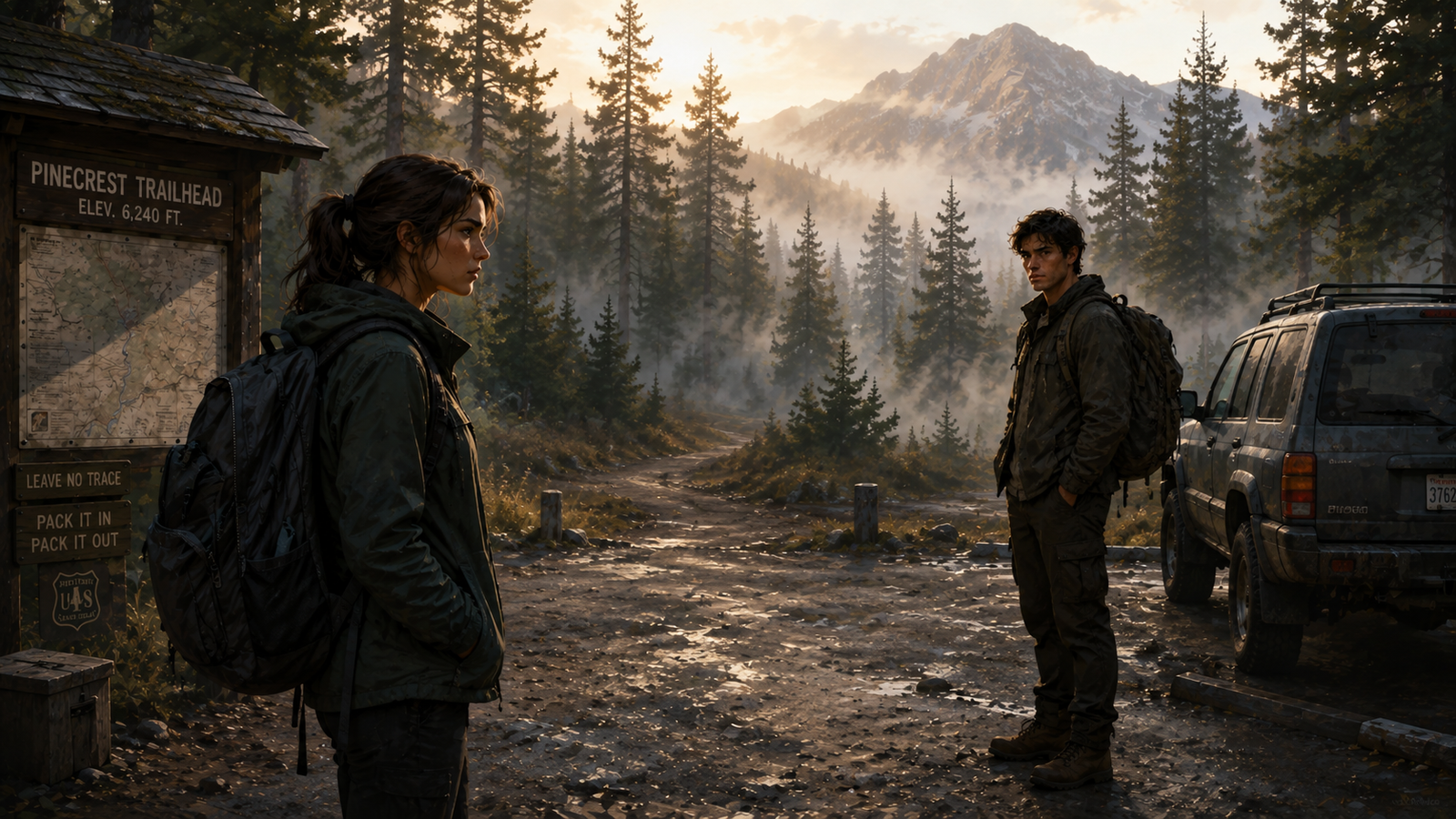 Mara and Jonah standing at the trailhead at dawn before hiking Raven's Ridge