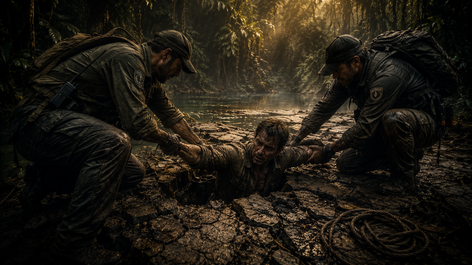 A man trapped in collapsed false ground along a hidden eastern river channel