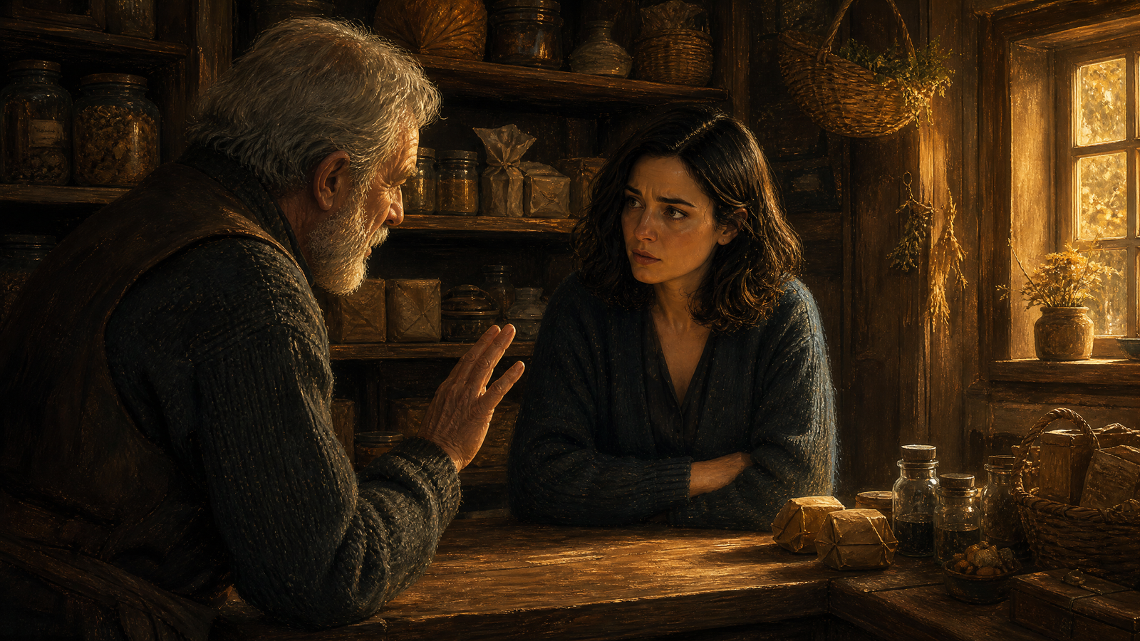 Elderly shopkeeper speaking cautiously to Elena inside a small village general store