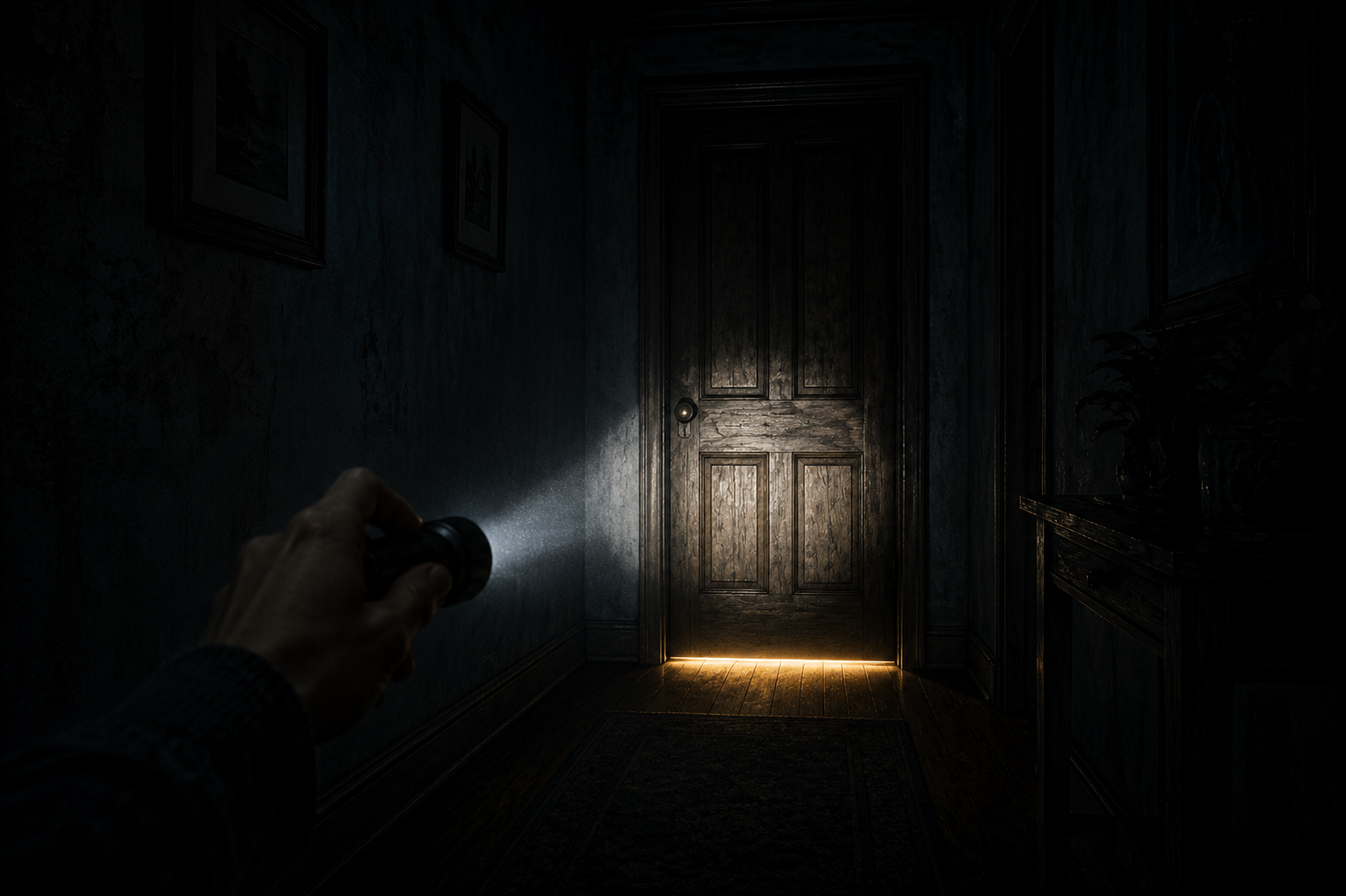 A woman holding a flashlight and slowly opening a door into a dark hallway