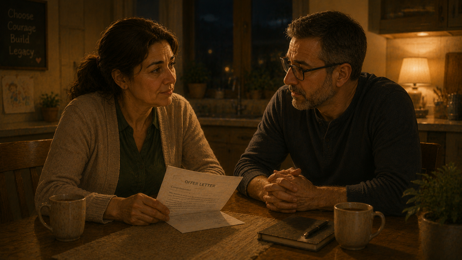 Yasmin and Faisal talking through the job offer at the kitchen table