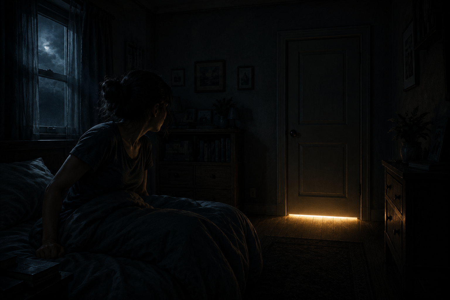 A thin line of yellow light glowing under a closed bedroom door in a dark room